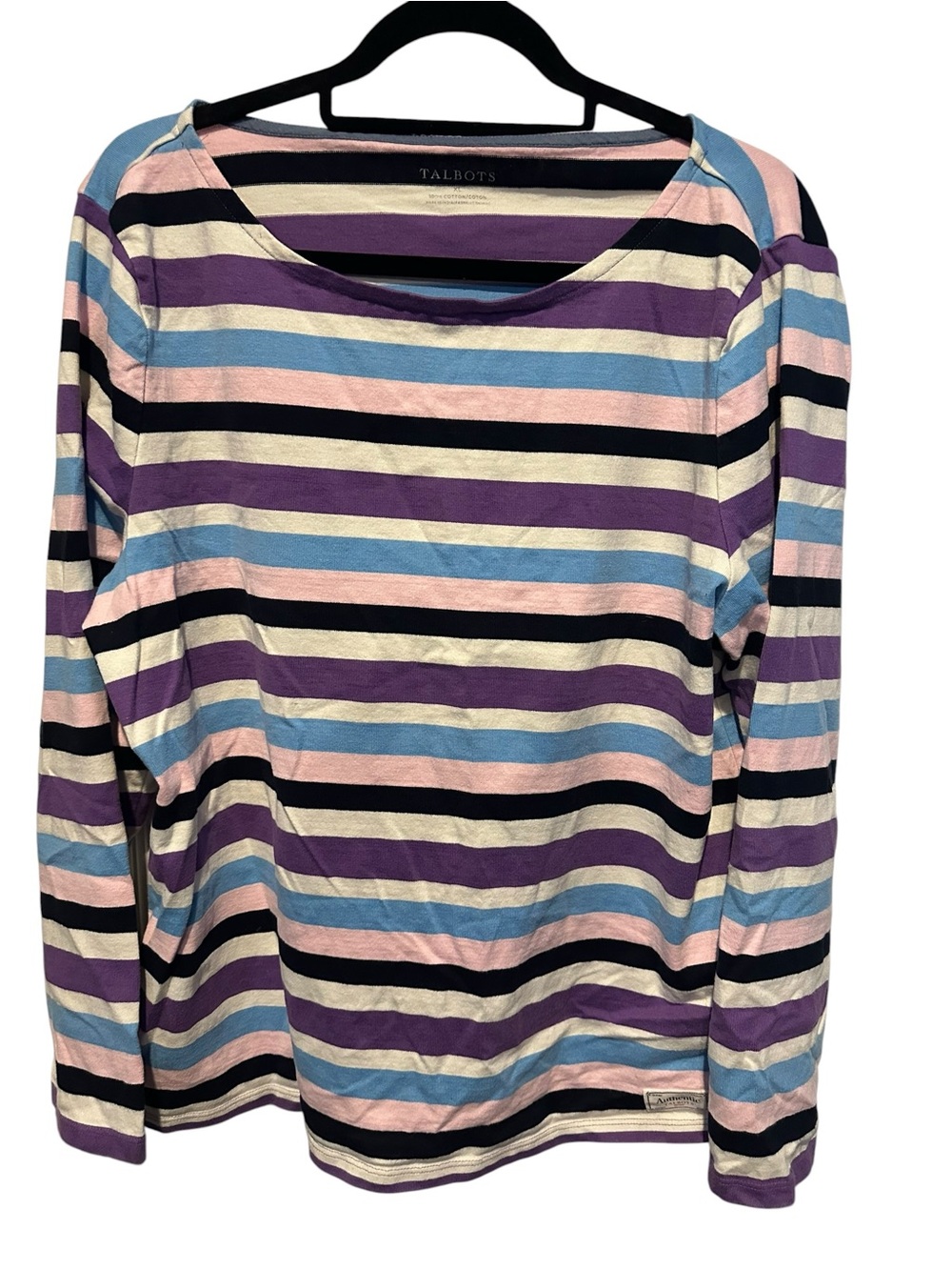 Talbots Women's 100% Cotton Long-Sleeve Striped Tee in Purple, Blue & Pink